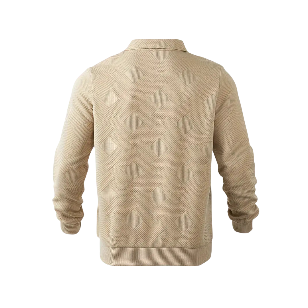 Beżowy męski sweter z dzianiny z kołnierzem i zamkiem 1/4, długi rękaw, stylowy wzór geometryczny