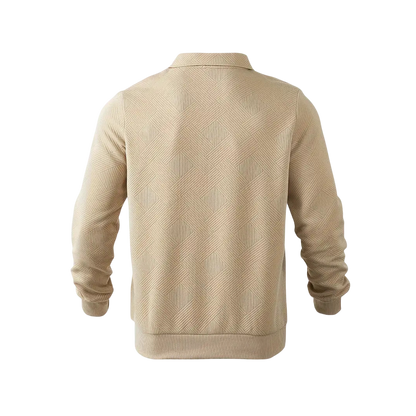 Beżowy męski sweter z dzianiny z kołnierzem i zamkiem 1/4, długi rękaw, stylowy wzór geometryczny