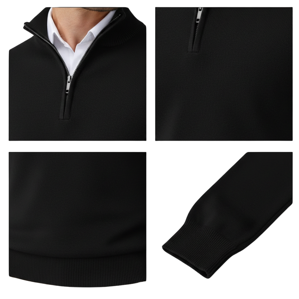 Cztery zdjęcia przedstawiają Sweter męski półzamek regularny krój strukturalna powierzchnia by Arkadya Outlet: zbliżenia noszonego kołnierza, zamka błyskawicznego, prążkowanego obszycia i prążkowanego mankietu rękawa, wszystko na białym tle.