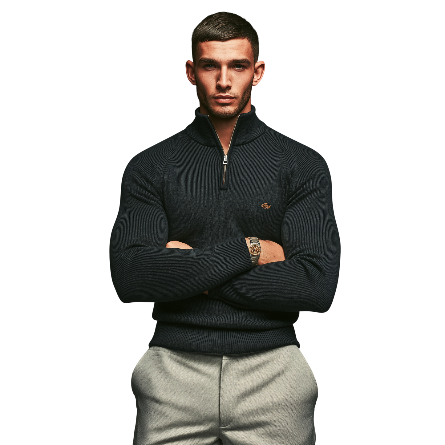 Czarny męski sweter dzianinowy z zamkiem; ujęcie na modelu z przodu.