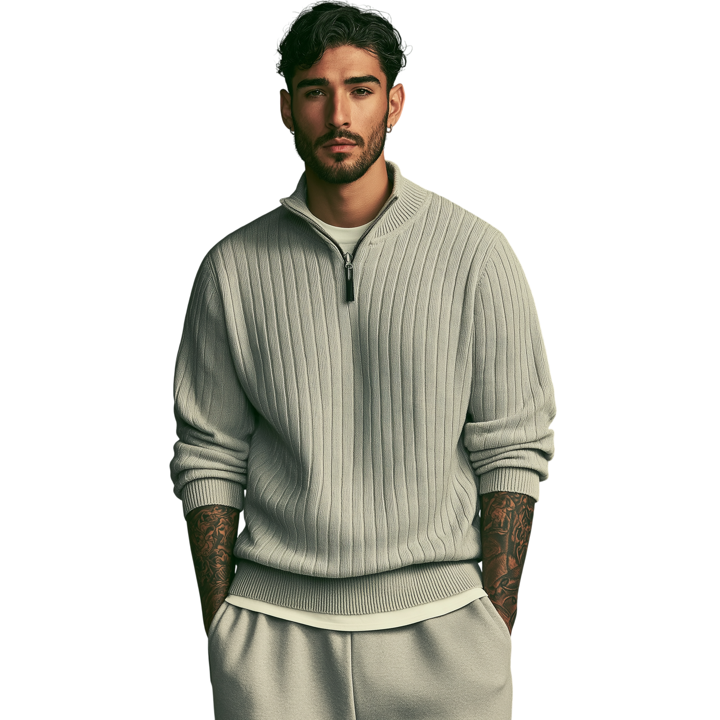 Ciemnowłosy, brodaty mężczyzna z wytatuowanymi przedramionami nosi męski półzamek Arkadya Outlet o dopasowanym kroju z kołnierzem stojącym i długim rękawem oraz dopasowane spodnie, stojąc z rękami w kieszeniach na prostym tle.