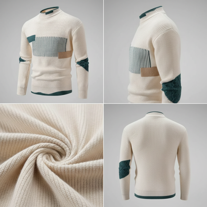 Model Arkadya Outlet Sweter męski wysoki kołnierz geometryczny wzór konstrukcja w kolorze kremowym ma geometryczne bloki w kolorze turkusowym, szarym i brązowym z przodu i na lewym łokciu; pokazane z przodu, z boku, z tyłu oraz zbliżenie tekstury dzianiny.