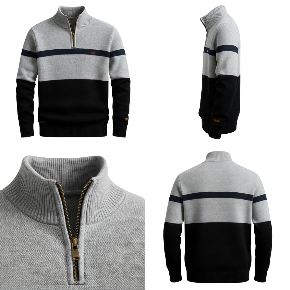 Męski sweter dzianinowy Arkadya Outlet z lekkiej tkaniny, długi rękaw, zamek ćwierćdługości. Jasnoszary u góry, czarny na dole, granatowy pasek na piersi. Widoki: przód, bok, tył oraz detale.