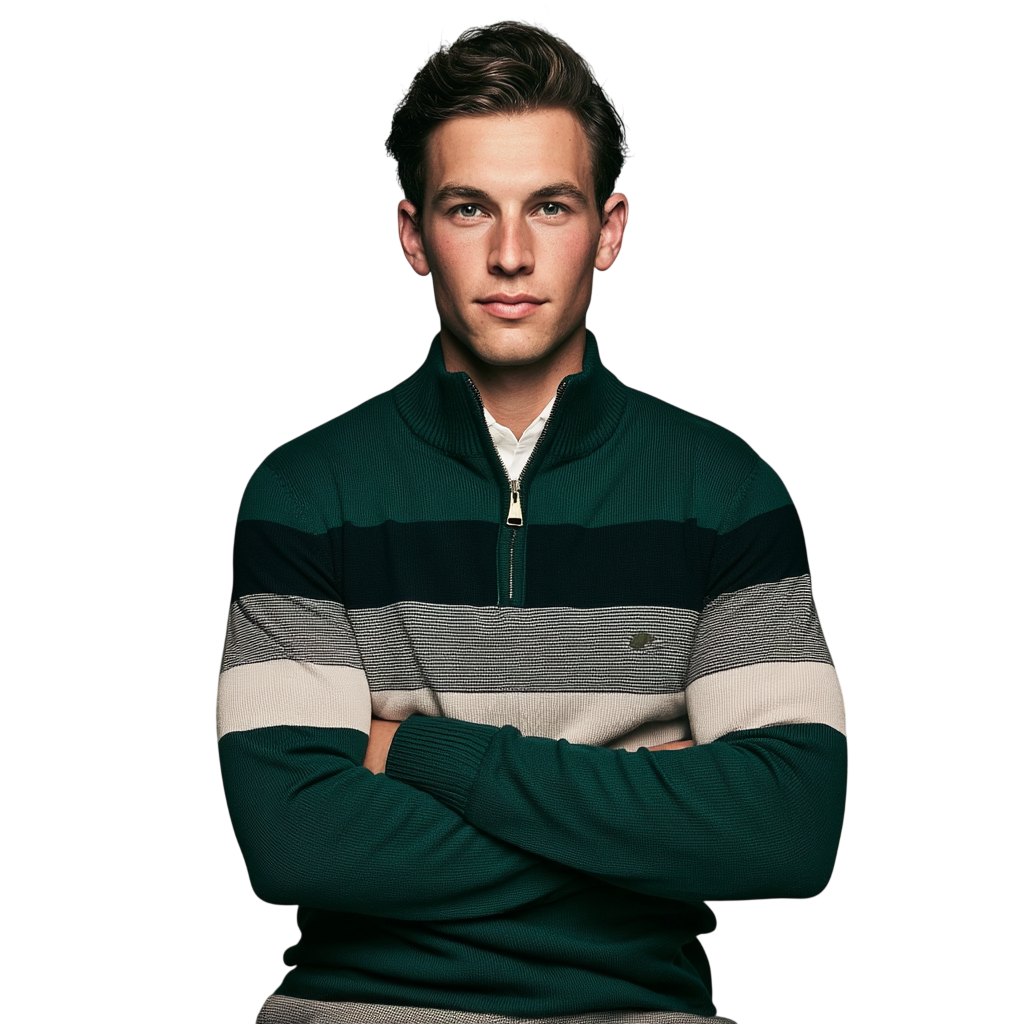 Zielony męski sweter dzianinowy z zamkiem 1/4 i stójką, poziome paski w kolorze granatowym, szarym i kremowym