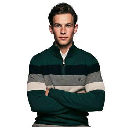 Zielony męski sweter dzianinowy z zamkiem 1/4 i stójką, poziome paski w kolorze granatowym, szarym i kremowym