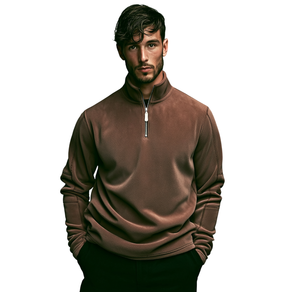 Brązowy męski sweter z miękkiego polaru, zamek 1/4 i stójka, długi rękaw, ciepły i komfortowy fason