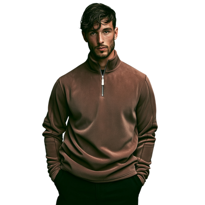 Brązowy męski sweter z miękkiego polaru, zamek 1/4 i stójka, długi rękaw, ciepły i komfortowy fason