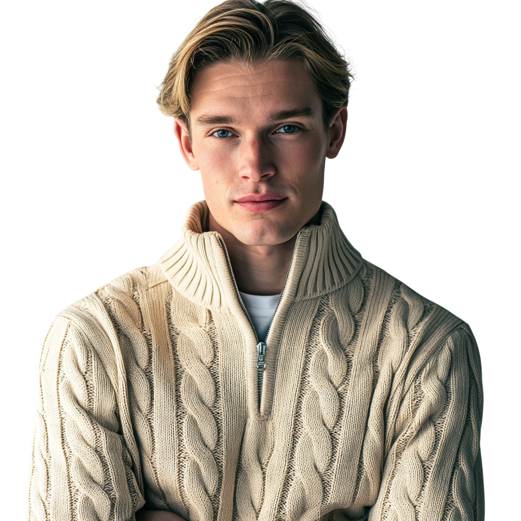 Beżowy męski sweter dzianinowy o splocie warkoczowym, stójka zapinana na zamek 1/4, długi rękaw