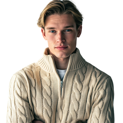 Beżowy męski sweter dzianinowy o splocie warkoczowym, stójka zapinana na zamek 1/4, długi rękaw