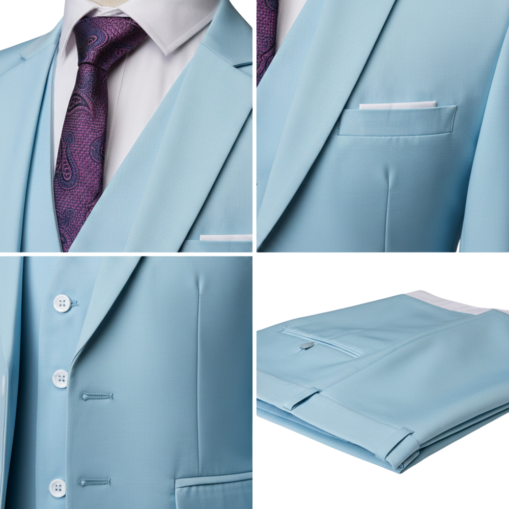Kolaż przedstawia Komplet trzyczęściowy męski dopasowany zestaw odzieży marki Arkadya Outlet: jasnoniebieski garnitur z marynarką, kieszonką, kamizelką zapinaną na guziki, dopasowanymi spodniami i krawatem paisley na białej koszuli - idealny jako komplet formalny.