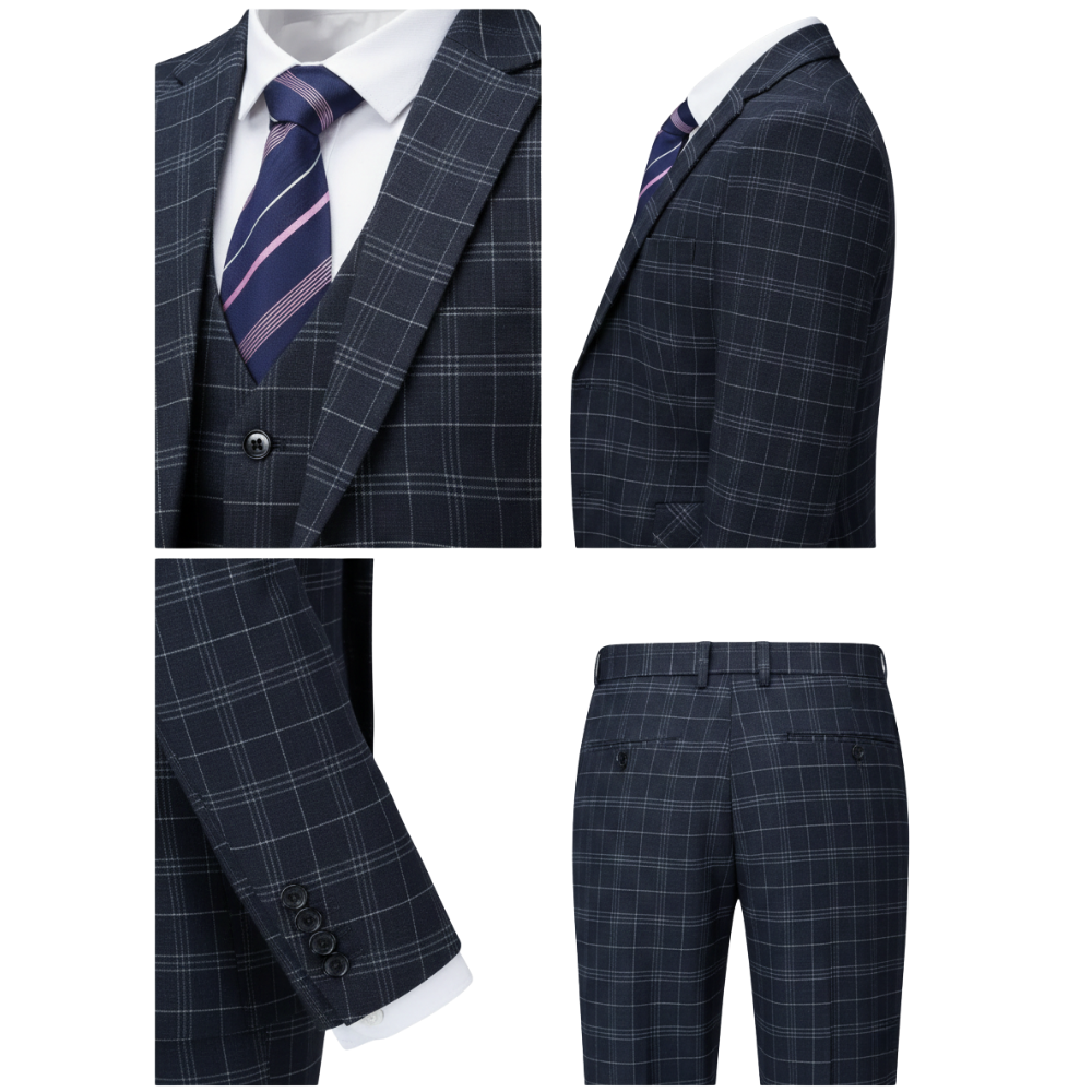 Zestaw Garniturowy Męski Dwuczęściowy Slim Fit Formalny marki Arkadya Outlet to granatowy garnitur w kratę ze zbliżeniem na marynarkę, kamizelkę, guziki na rękawach i spodnie z tylnymi kieszeniami.