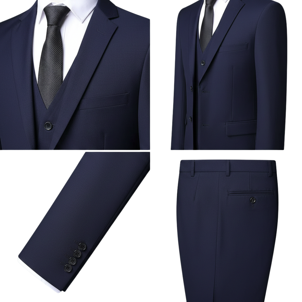 Cztery zbliżenia na Zestaw Garniturowy Męski Trzyczęściowy Z Marynarką I Kamizelką marki Arkadya Outlet przedstawiają marynarkę z czarnym krawatem, kamizelkę, rękaw marynarki z guzikami i dopasowane spodnie - idealne jako garnitur na wesele.