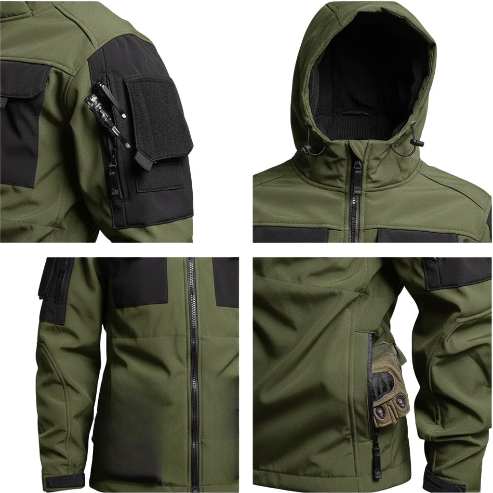 Kolaż czterech zdjęć przedstawia Arkadya Outlet Zestaw odzieży outdoorowej męski - zieloną kurtkę taktyczną i spodnie z czarnymi akcentami, kieszeniami zapinanymi na zamek, kapturem, kieszenią na rękawie z narzędziem wielofunkcyjnym i przednią kieszenią na rękawiczki.