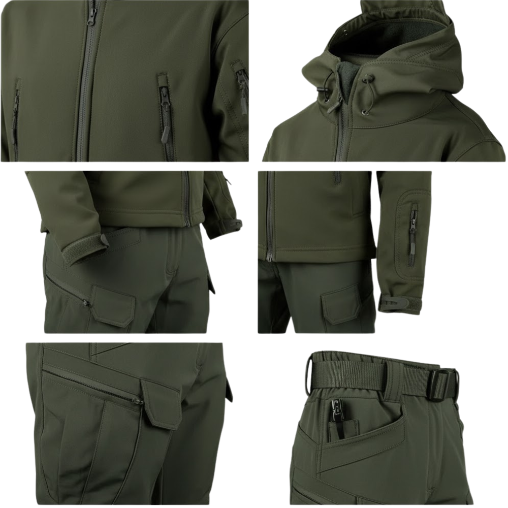 Kolaż przedstawia zbliżenia na Outlet Arkadya Zestaw outdoorowy męski wodoodporny wiatroszczelny z podszewką, pokazując kieszenie na zamek, kurtkę z kapturem, kieszeń na rękawie, rzepy przy mankietach i wzmocnione szwy.