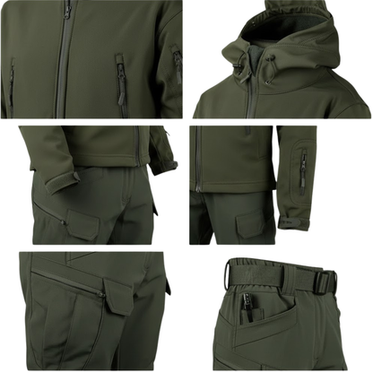 Kolaż przedstawia zbliżenia na Outlet Arkadya Zestaw outdoorowy męski wodoodporny wiatroszczelny z podszewką, pokazując kieszenie na zamek, kurtkę z kapturem, kieszeń na rękawie, rzepy przy mankietach i wzmocnione szwy.