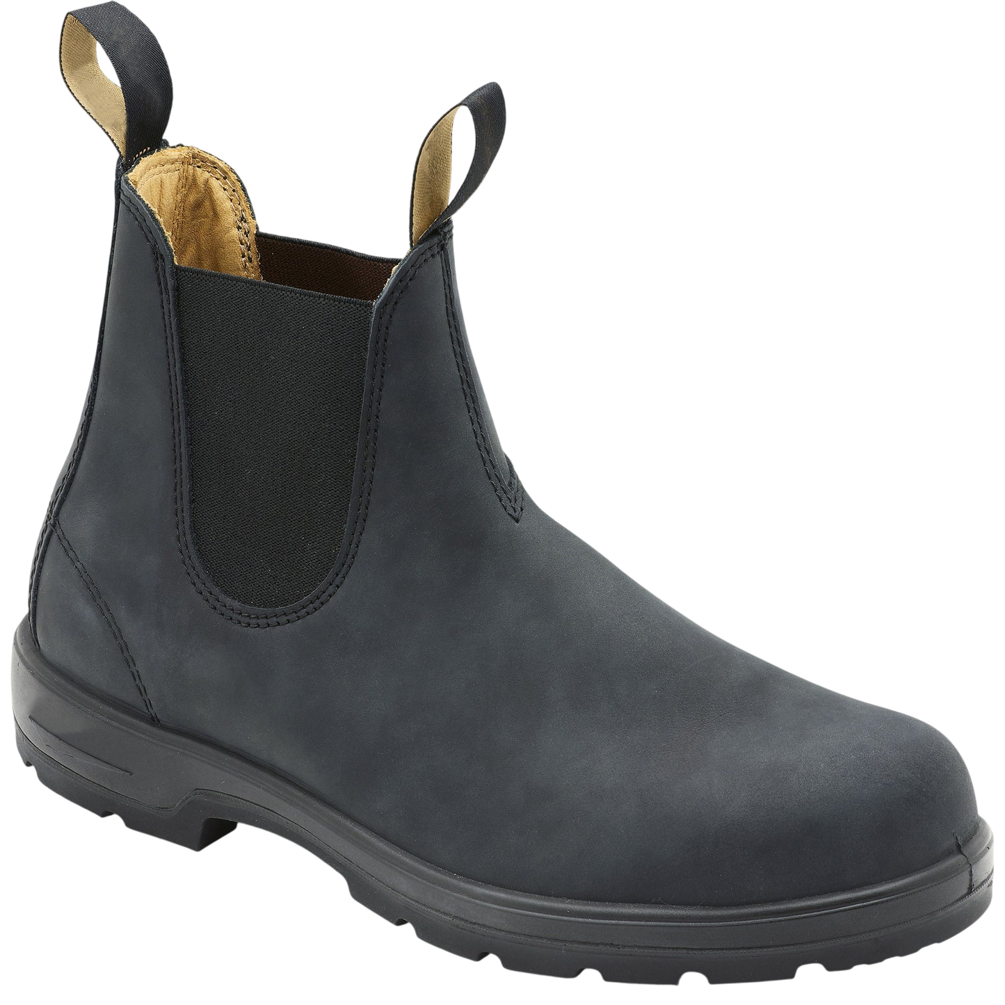 The Arkadya Outlet Botki Chelsea męskie wsuwane z elastycznymi panelami do kostki, czarne, z przednią i tylną pętlą oraz lekko traperową podeszwą, sfotografowane na białym tle.