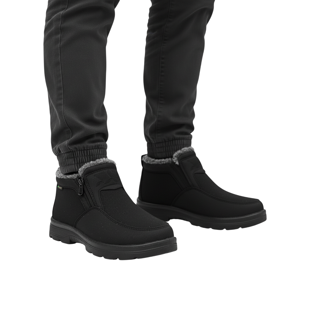 Osoba w ciemnych spodniach stoi na jasnoszarej powierzchni, ubrana w Arkadya Outlet Męskie buty wodoodporne antypoślizgowe zimowe obuwie z podszewką ze sztucznego futra i bocznymi zamkami. Czarne buty mają antypoślizgową podeszwę i wodoodporną konstrukcję.
