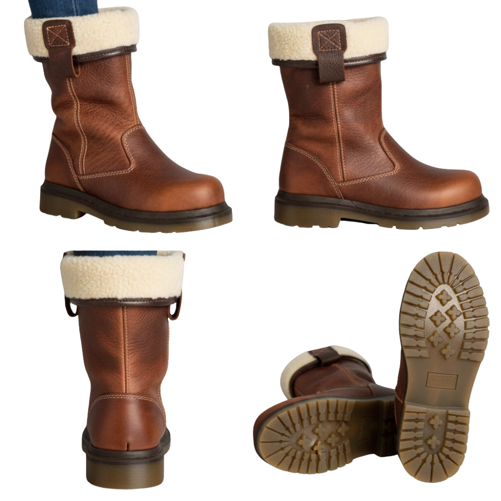 Cztery widoki butów Arkadya Outlet Buty za kostkę męskie wsuwane z okrągłym noskiem i podeszwą z brązowej skóry z kremową podszewką ze sztucznego futra, grubymi podeszwami i szlufkami - pokazane z boku, z tyłu, pod kątem u góry i u dołu, aby podkreślić szczegóły.