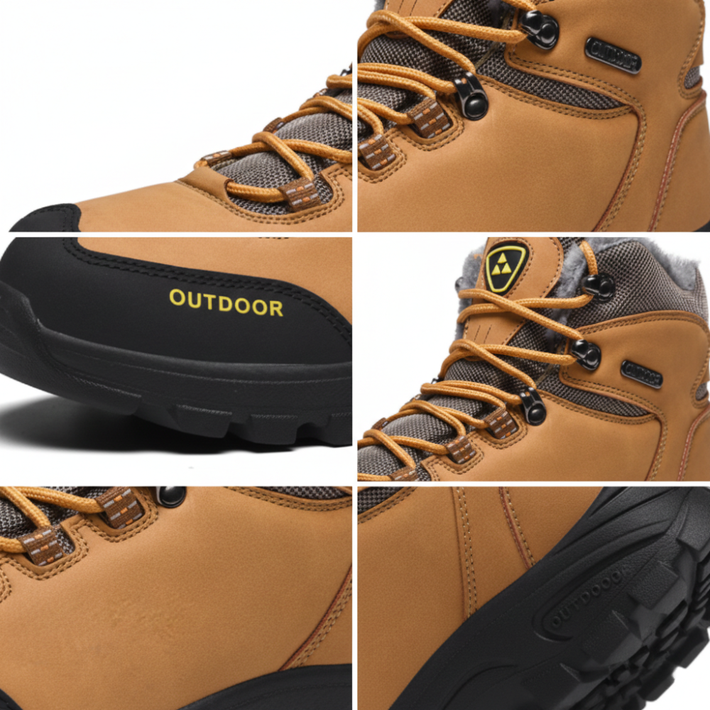 Kolaż zbliżeń pokazuje Arkadya Outlet Buty zimowe outdoor męskie wiązane z antypoślizgową podeszwą, ze sznurowadłami, szczegółowymi przeszyciami, czarną antypoślizgową podeszwą i żółtym brandingiem "OUTDOOR" z boku.