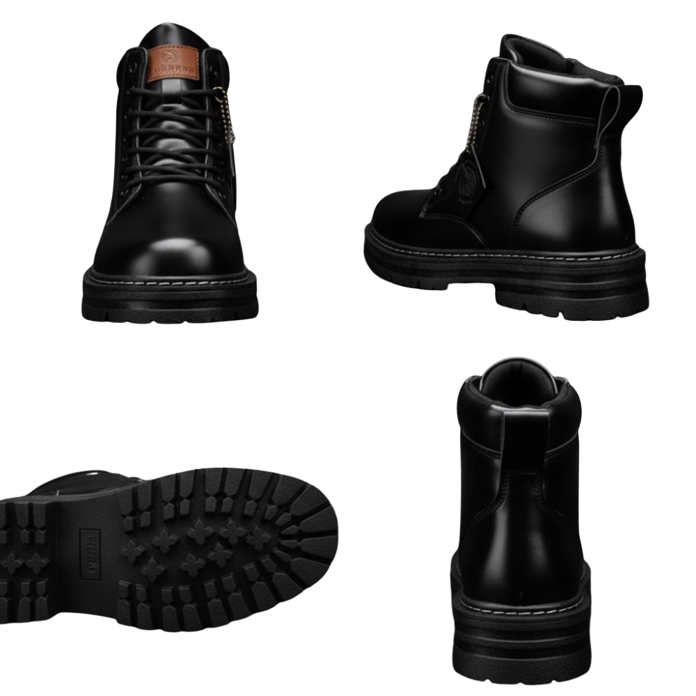 Arkadya Outlet Buty zimowe męskie: czarne skórzane sznurowane z zamkniętą formą, grubą podeszwą, bocznym zamkiem i skórzaną naszywką na języku. Prezentacja z przodu, z boku, z tyłu oraz podeszwy.