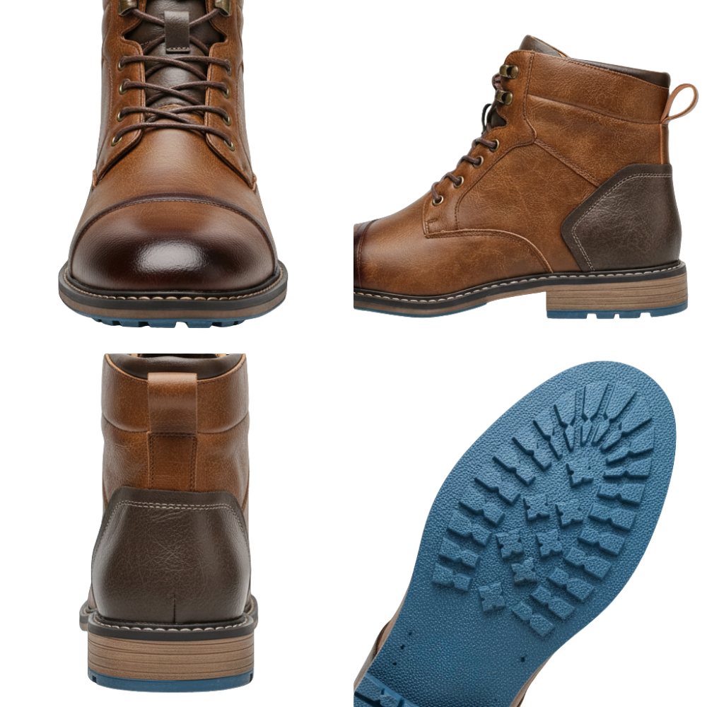 Cztery widoki modelu Arkadya Outlet Buty Zimowe Męskie Sznurowane z Bocznym Zamkiem na Chłód: przód, bok, tył i podeszwa. Ciemnobrązowy nosek/obcas i wytrzymała niebieska gumowa podeszwa z mocnym bieżnikiem - idealne na zimę.