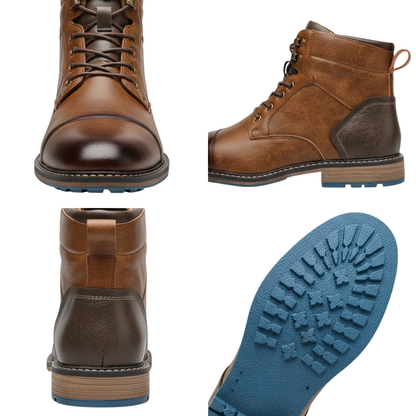 Cztery widoki modelu Arkadya Outlet Buty Zimowe Męskie Sznurowane z Bocznym Zamkiem na Chłód: przód, bok, tył i podeszwa. Ciemnobrązowy nosek/obcas i wytrzymała niebieska gumowa podeszwa z mocnym bieżnikiem - idealne na zimę.