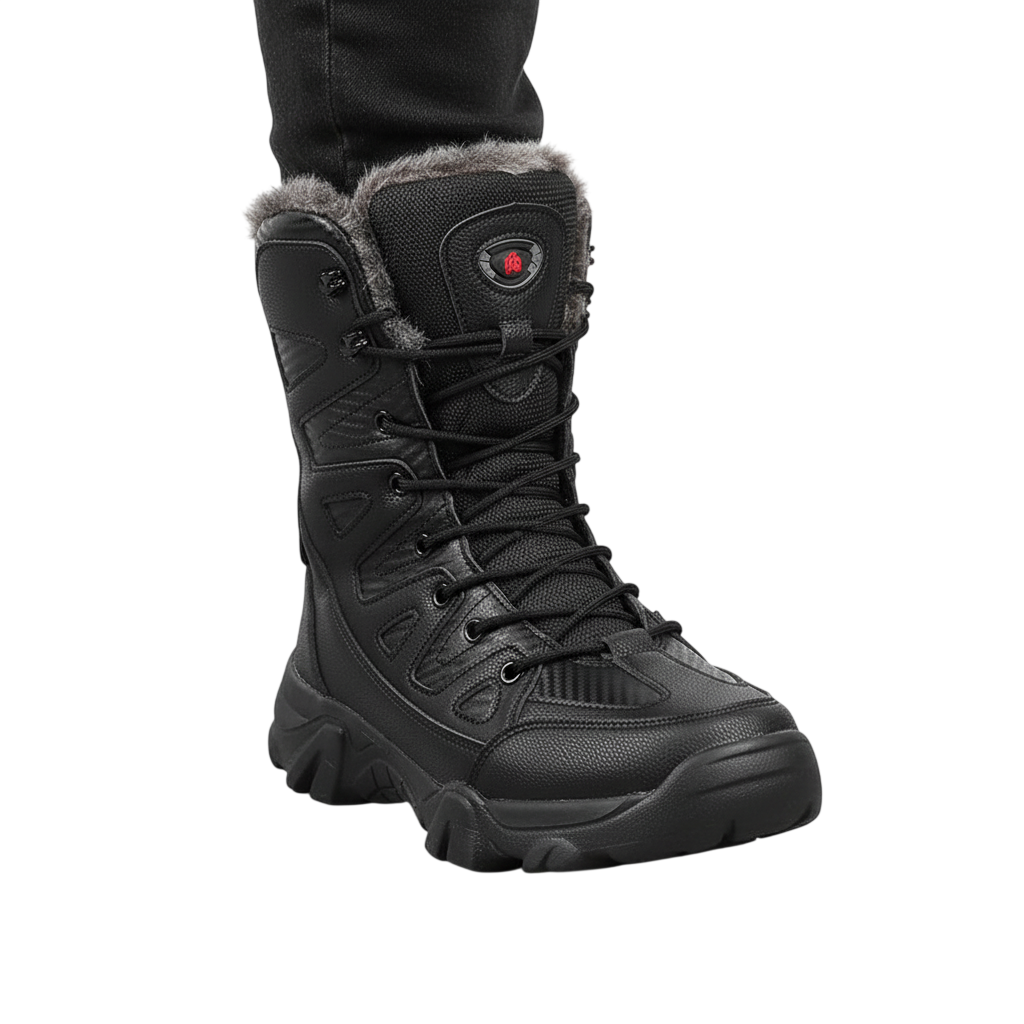 Osoba nosi męskie buty zimowe wodoodporne ocieplane Arkadya Outlet, ze sznurowaniem, futerkiem i wytrzymałą podeszwą, stojąc na jasnoszarej podłodze.