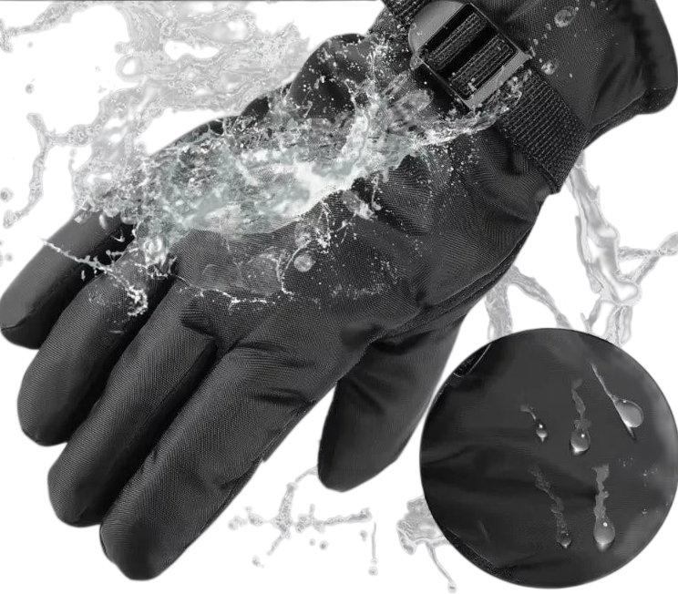 Arkadya Outlet Rękawice męskie zamknięta konstrukcja na warunki zimowe posiada klamrę i wodoodporną konstrukcję, pokazaną przez krople wody na powierzchni. Napis "WATERPROOF" jest wytłuszczony w lewym górnym rogu.