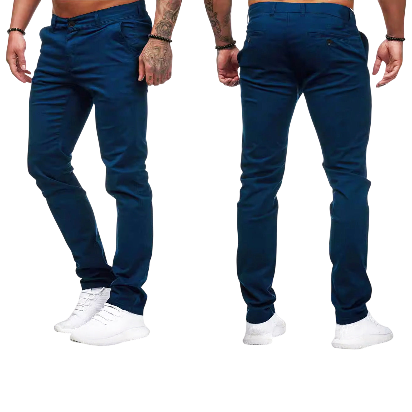 Wytatuowany mężczyzna model Arkadya Outlet Męskie spodnie z dopasowanym krojem i prostą nogawką, pokazany przodem i tyłem na jednolitym tle, ubrany w białe trampki i opierający ręce po bokach.