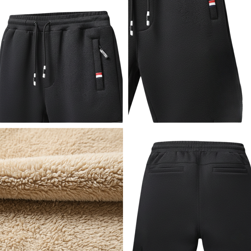 Kolaż przedstawiający Spodnie Termiczne Męskie Elastyczny Pas Z Regulacją W Talii-czarne joggery Arkadya Outlet z czerwonymi, białymi i czarnymi detalami zamka błyskawicznego, miękką beżową polarową podszewką, regulowanym paskiem i tylnymi kieszeniami na chłodne dni.