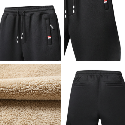 Kolaż przedstawiający Spodnie Termiczne Męskie Elastyczny Pas Z Regulacją W Talii-czarne joggery Arkadya Outlet z czerwonymi, białymi i czarnymi detalami zamka błyskawicznego, miękką beżową polarową podszewką, regulowanym paskiem i tylnymi kieszeniami na chłodne dni.