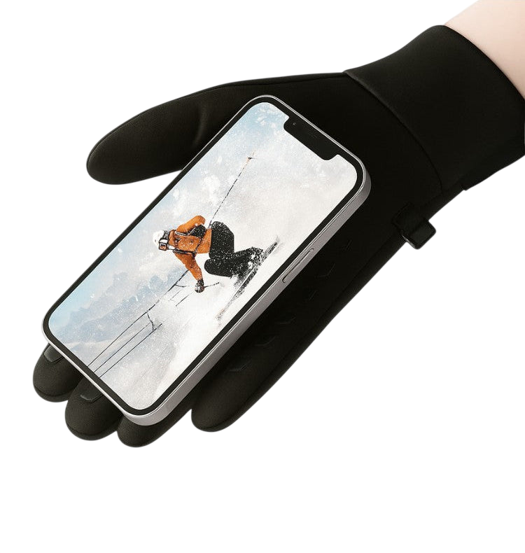Dłoń w czarnej rękawiczce, ubrana w Rękawice termiczne męskie wodoodporny uchwyt na chłód plenerowy Arkadya Outlet, trzyma smartfon przedstawiający narciarza. Rękawica posiada antypoślizgową fakturę oraz napis "ANTI-SLIP ONTWERP" ze znaczkiem powyżej.