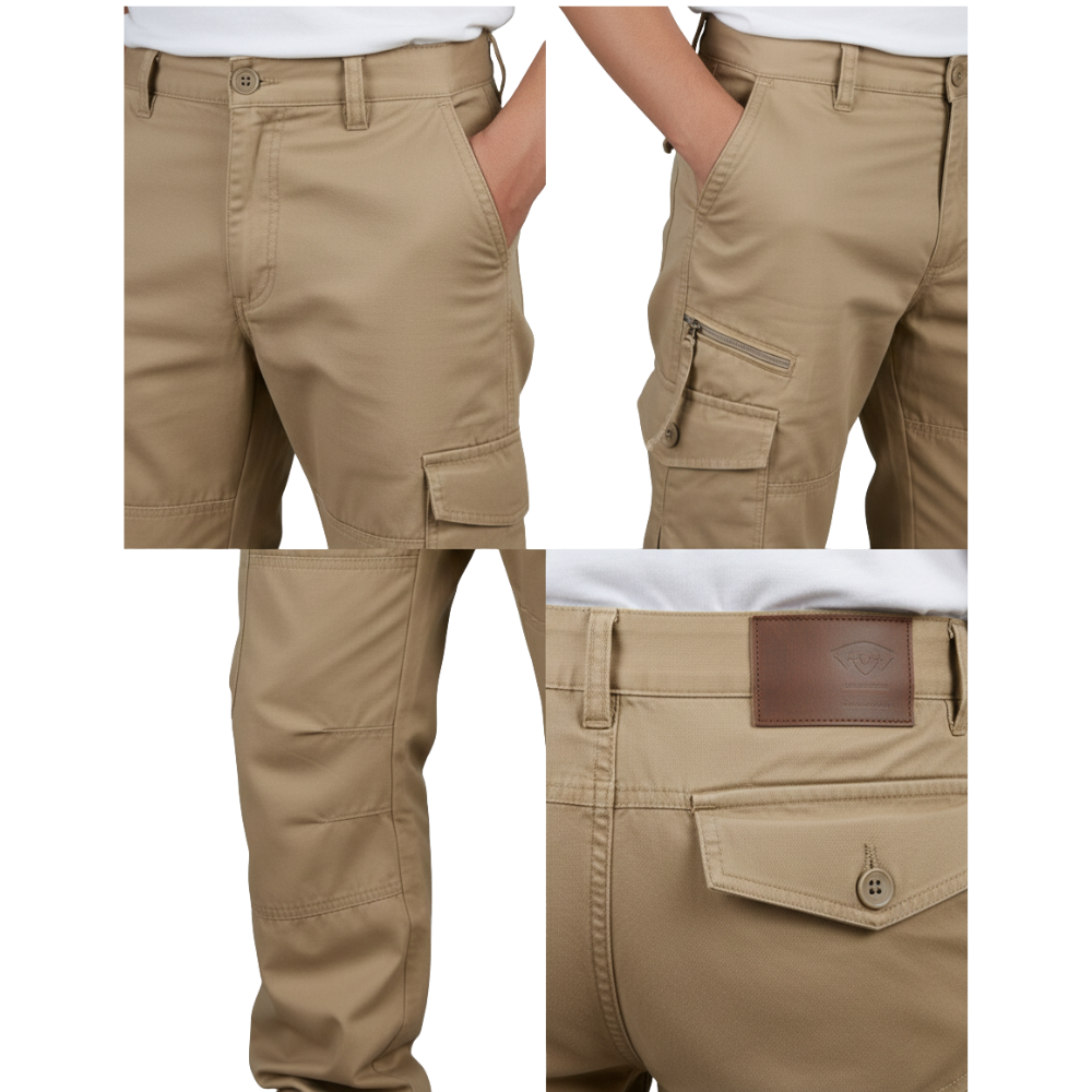 Arkadya Outlet spodnie cargo męskie prosta nogawka z kieszeniami i zamkiem: przód z kieszenią na rękę, bok z kieszenią na suwak i przeszyciami, tył z kieszenią zapinaną na guzik i skórzaną naszywką na pasku.