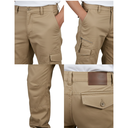 Arkadya Outlet spodnie cargo męskie prosta nogawka z kieszeniami i zamkiem: przód z kieszenią na rękę, bok z kieszenią na suwak i przeszyciami, tył z kieszenią zapinaną na guzik i skórzaną naszywką na pasku.