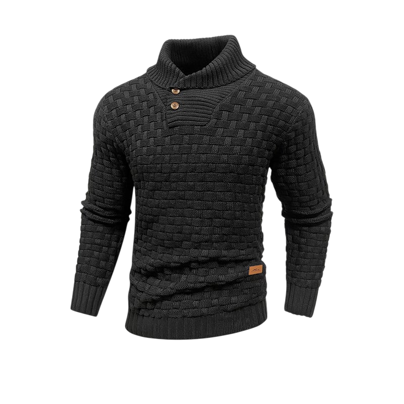 The Arkadya Outlet Sweter męski teksturowana powierzchnia, regularny krój na zimę, czarny z długim rękawem i dwoma drewnianymi guzikami przy szyi, prezentowany na jasnoszarym tle-idealny na chłodne dni.