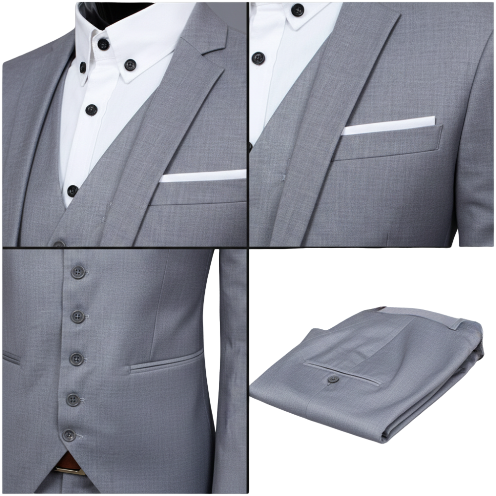 Kolaż przedstawia szczegóły garnituru męskiego Arkadya Outlet: dwurzędowe zapięcie, kieszenie, marynarka, kamizelka, koszula z guzikami oraz spodnie. Idealny jako garnitur na wesele lub inne formalne okazje.