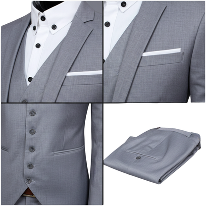 Kolaż przedstawia szczegóły garnituru męskiego Arkadya Outlet: dwurzędowe zapięcie, kieszenie, marynarka, kamizelka, koszula z guzikami oraz spodnie. Idealny jako garnitur na wesele lub inne formalne okazje.