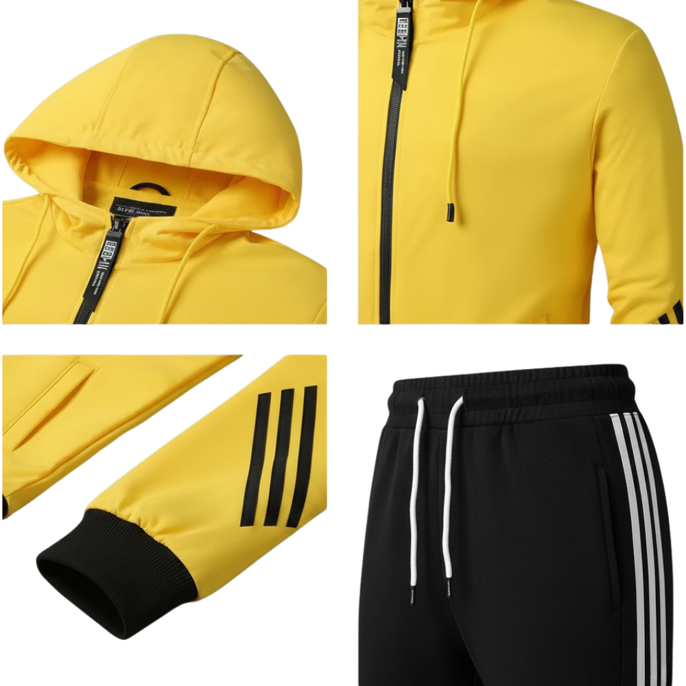 Kolaż przedstawia zbliżenia męskiego zestawu dresowego Arkadya Outlet dwuczęściowy komplet sportowy z bluzą: żółtą kurtkę z kapturem z czarnymi paskami na rękawach oraz czarne spodnie dresowe z białymi paskami i sznurkiem.