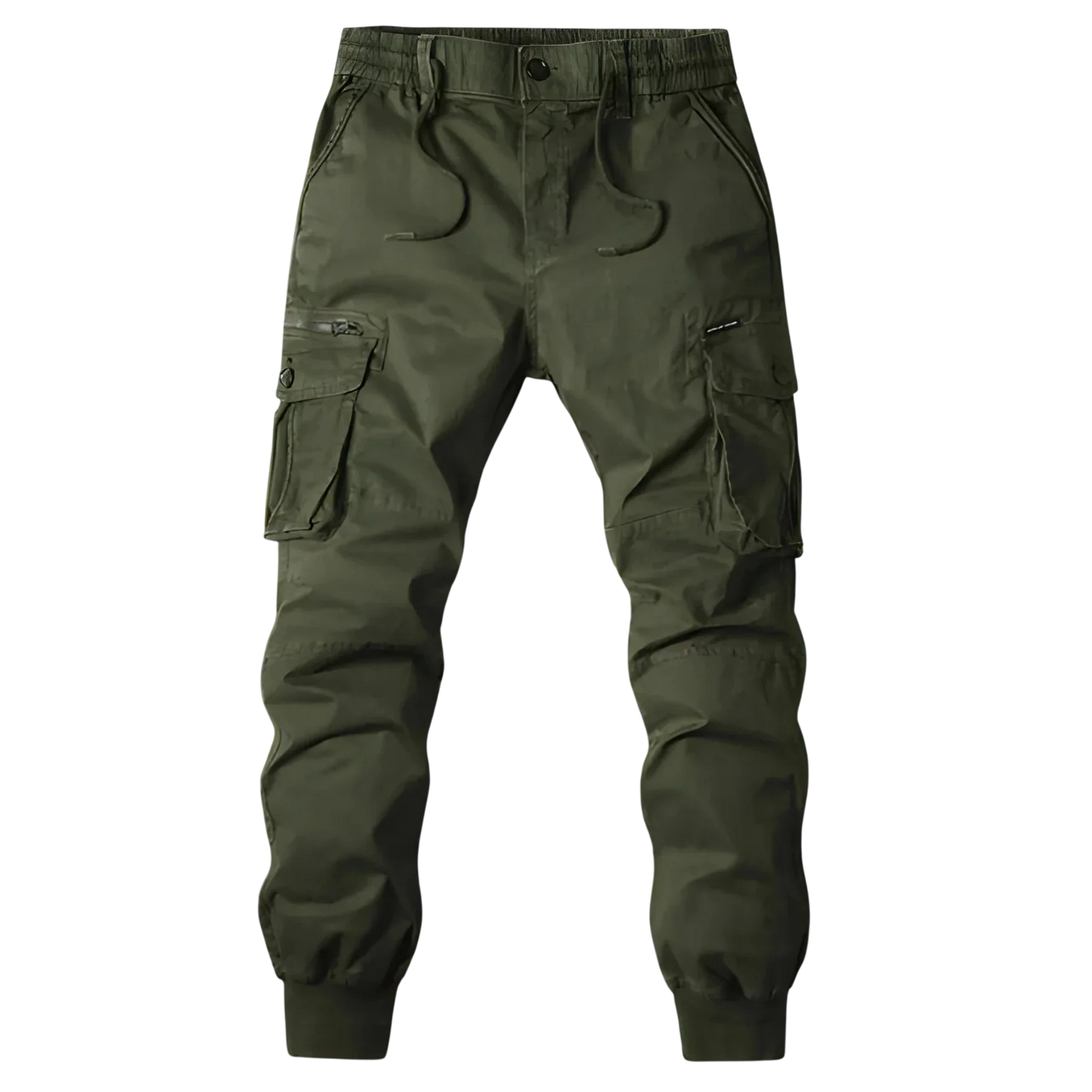 Arkadya Outlet Spodnie Cargo Męskie Kieszenie Na Zamek, pas elastyczny i ściągacze przy nogawkach prezentowane na tle rozmazanej panoramy miasta.