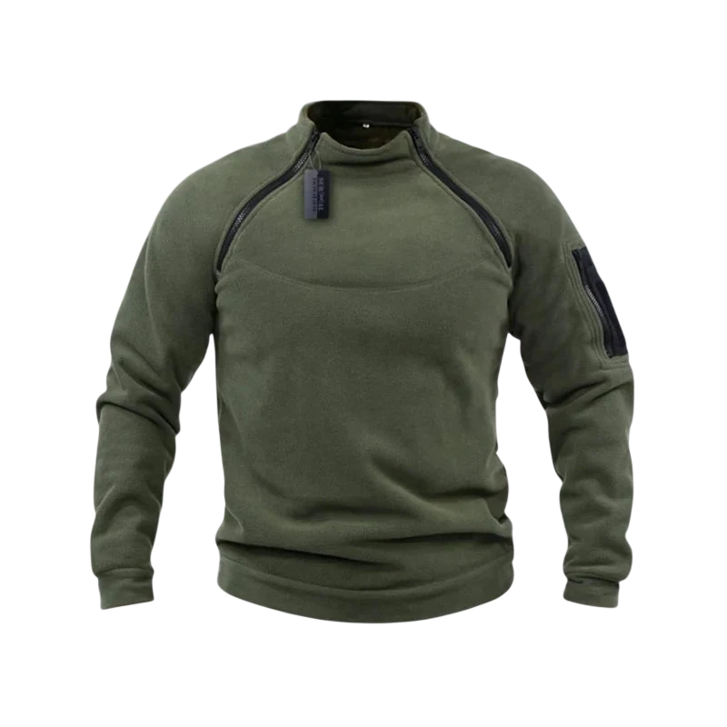 Arkadya Outlet Bluza męska polarowa długi rękaw z kieszeniami w kolorze zielonym, z zamkami na ramionach i kieszenią na lewym rękawie, prezentowana na tle rozmytego górskiego krajobrazu.