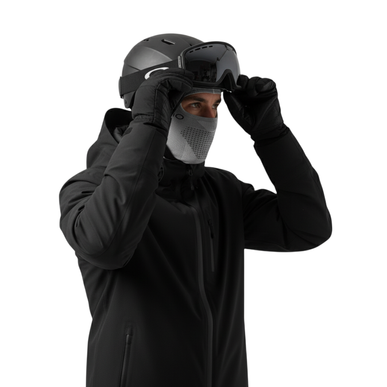 Osoba w odzieży zimowej - czarnej kurtce zimowej, rękawicach, kasku, goglach narciarskich i Arkadia Outlet Kominiarka męska osłona głowy i szyi do użytku zewnętrznego - dopasowuje gogle na jednolitym jasnoszarym tle.