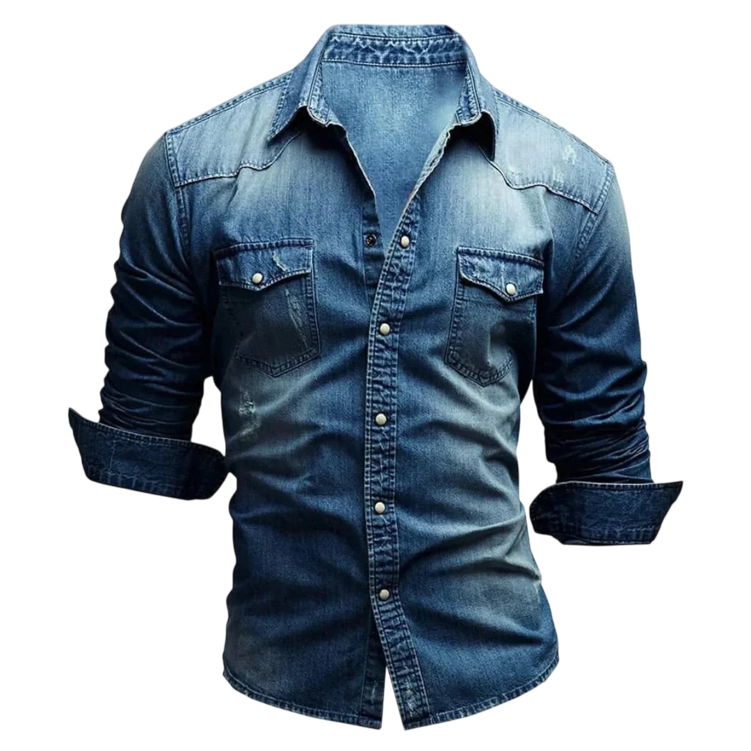 Arkadya Outlet Koszula Męska Długi Rękaw Slim Fit Z Kieszeniami Zapinana w niebieskim denimie jest pokazana z podwiniętymi rękawami i dwiema kieszeniami na piersi, unosząc się na gładkim szarym tle bez widocznej głowy, szyi lub rąk.