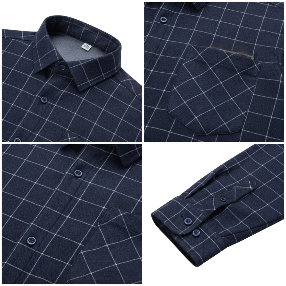 Cztery zbliżenia na kurtkę Arkadya Outlet Koszula męska zapinana na guziki długi rękaw krój luźny w kolorze granatowym w białą kratkę, przedstawiające kołnierzyk, kieszeń na piersi, przednie guziki i mankiet rękawa.