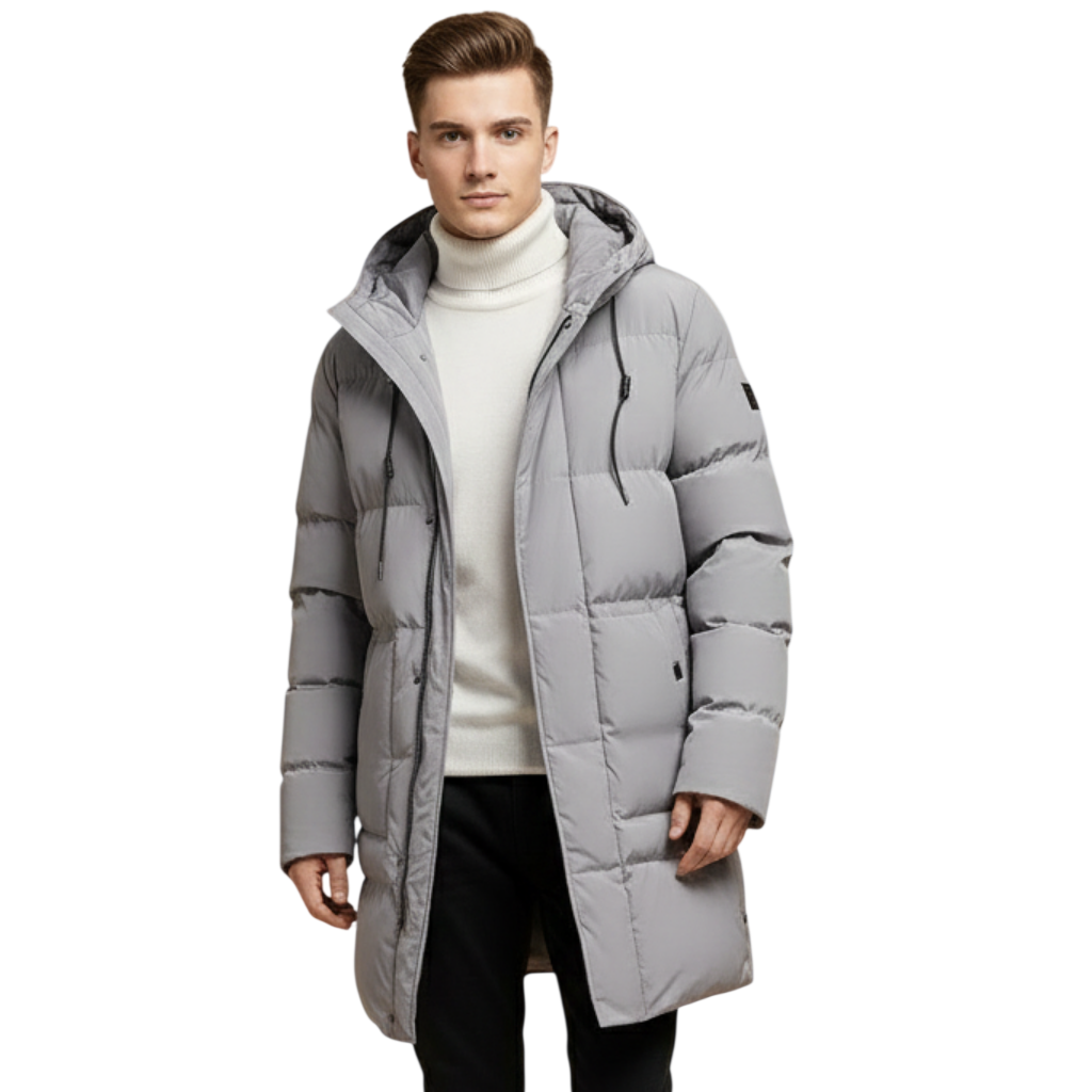 Mężczyzna ubrany w kurtkę Arkadya Outlet Kurtka Parka Męska Długa Pikowana z Kapturem Zimowa Ochronna na białym golfie, czarne spodnie i szare trampki idzie pewnie na prostym tle.