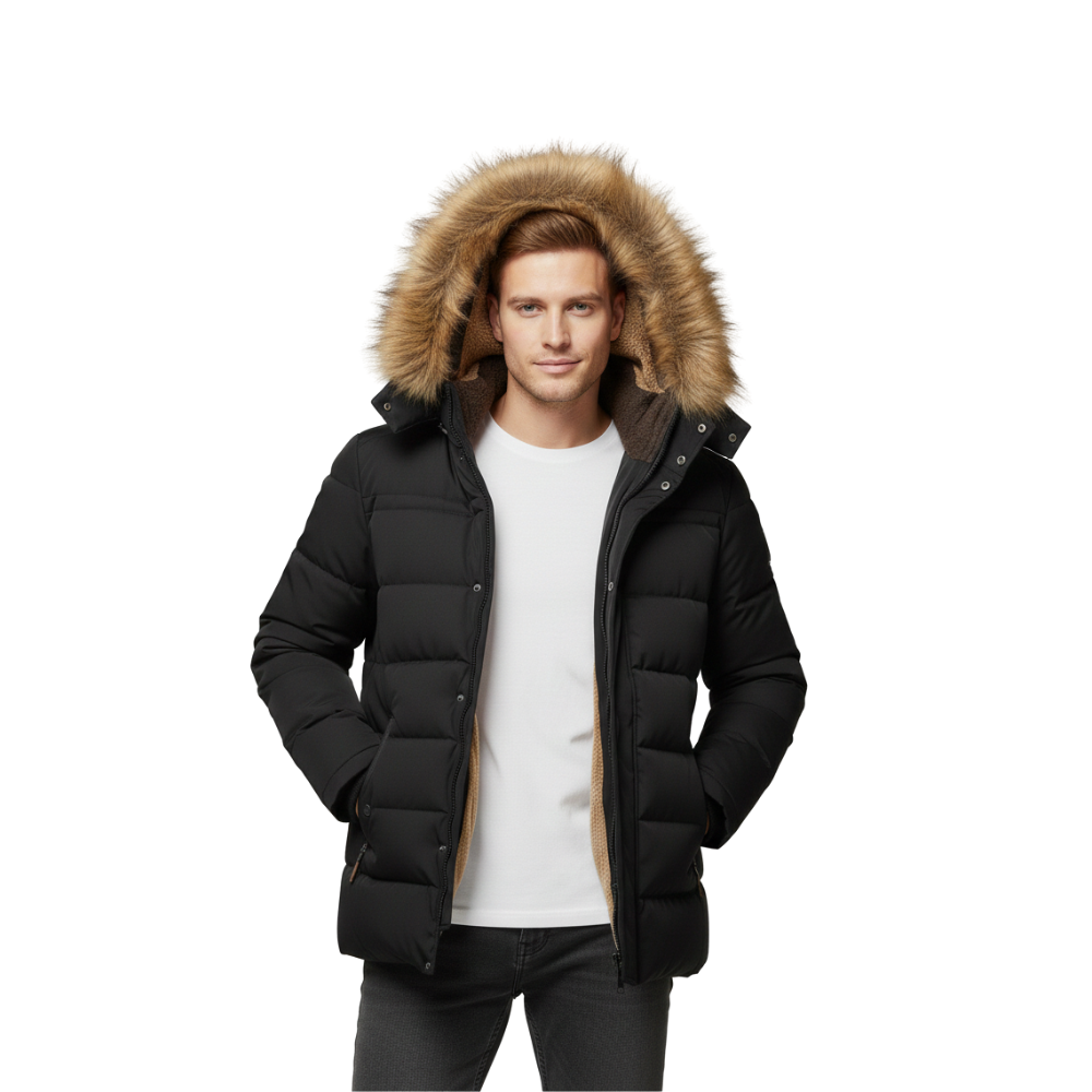 Mężczyzna ubrany w kurtkę Arkadya Outlet Kurtka męska ocieplana zimowa z kapturem, biały t-shirt i dżinsy stoi z rękami w kieszeniach kurtki na białym tle.