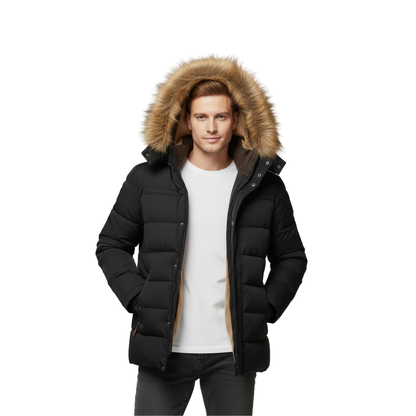 Mężczyzna ubrany w kurtkę Arkadya Outlet Kurtka męska ocieplana zimowa z kapturem, biały t-shirt i dżinsy stoi z rękami w kieszeniach kurtki na białym tle.