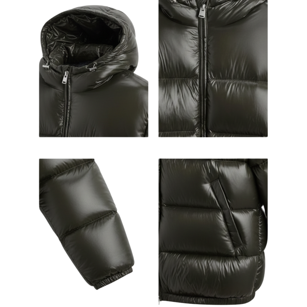 Cztery zbliżenia na kurtkę Arkadya Outlet Kurtka Pikowana Męska Krótka Długość Konstrukcja Komorowa: kaptur ze sznurkami, zamek błyskawiczny z przodu, elastyczne mankiety i boczna kieszeń zapinana na zamek w kolorze ciemnozielonym.