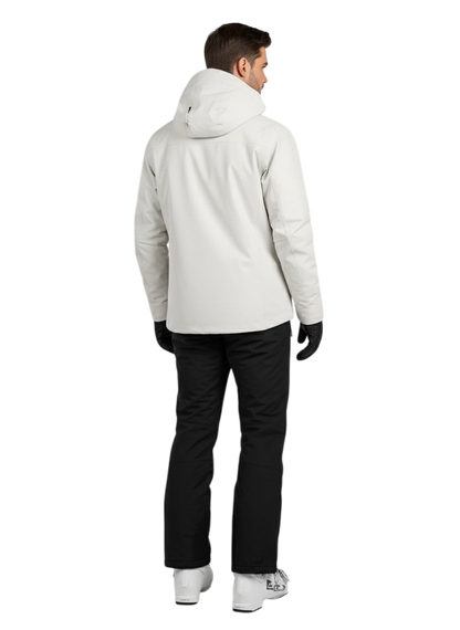 Mężczyzna w białej kurtce Arkadya Outlet Kurtka Zewnętrzna Męska Wodoodporna Zapięcie na Zamek, czarnych spodniach, rękawiczkach i białych butach stoi odwrócony tyłem, pokazując tył kurtki na białym tle.