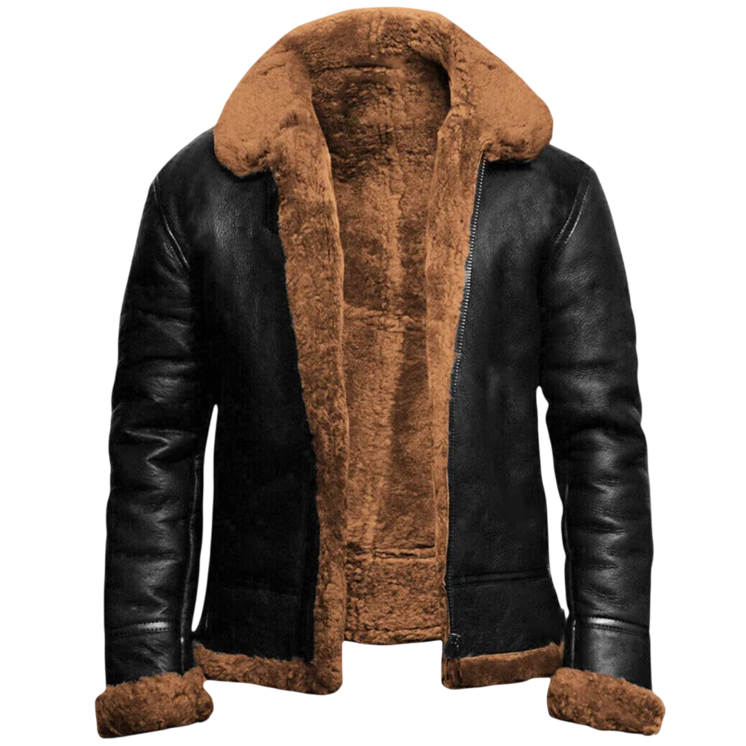 Arkadya Outlet Kurtka zimowa męska długi krój prosty przód posiada czarną skórę z brązowym kołnierzem shearling, podszewką i mankietami. Otwarta na jasnoszarym tle, pokazuje swoje przytulne wykończenie wewnętrzne - idealne do codziennego użytkowania.