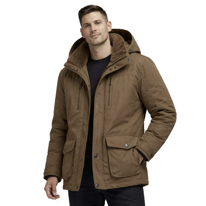 Mężczyzna w Arkadia Outlet Kurtka Zimowa Męska z Kapturem i Kieszeniami stoi z jedną ręką w kieszeni, ubrany w ciemną koszulę pod spodem, na białym tle.